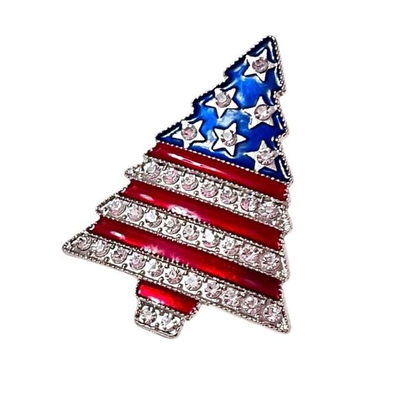 Patriotic American Flag Crystal Christmas Tree Silver Brooch - Picture 2 of 4